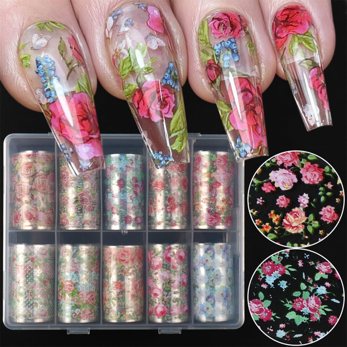 10 Rolls Flower Nail Art Foil Transfer Stickers Vintage Rose Floral Nail Foil Sh