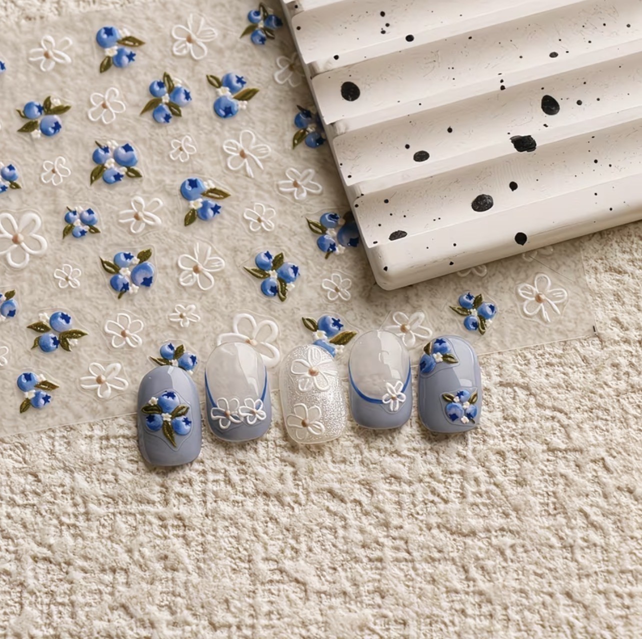 Nail Stickers 5D Embossed Blueberry White Flower Decals Spring Summer DIY Pro135