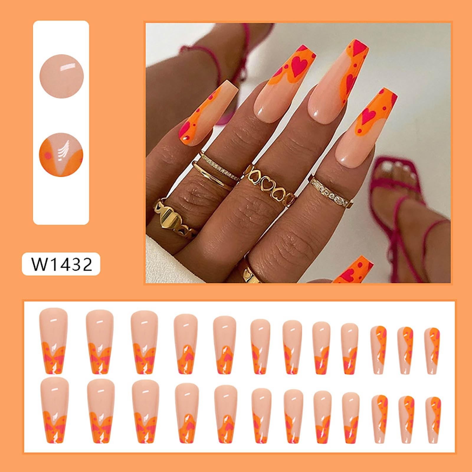 Orange Pink Heart Print Long Coffin Press On Nails