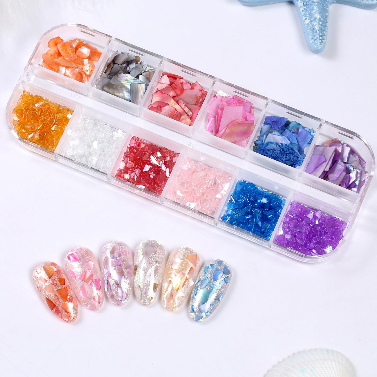 Shell Nail Glitter Flakes Set Summer Beach Ocean Holographic Iridescent Shell…