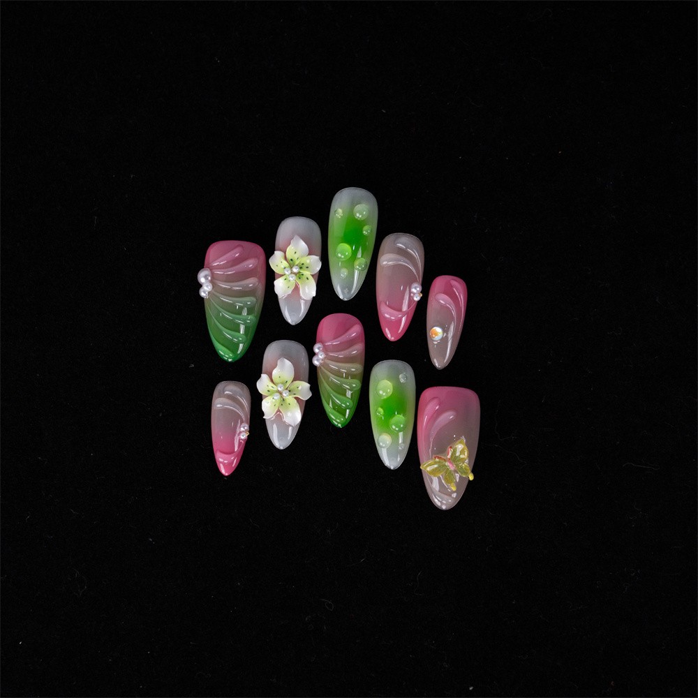Handmade Press On Nails High Quality Pink Green Gradient Floral Almond Fake Nail