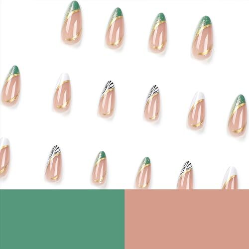 French Tip Press on Nails Medium Almond Fake Nails Nude White Green French Tip