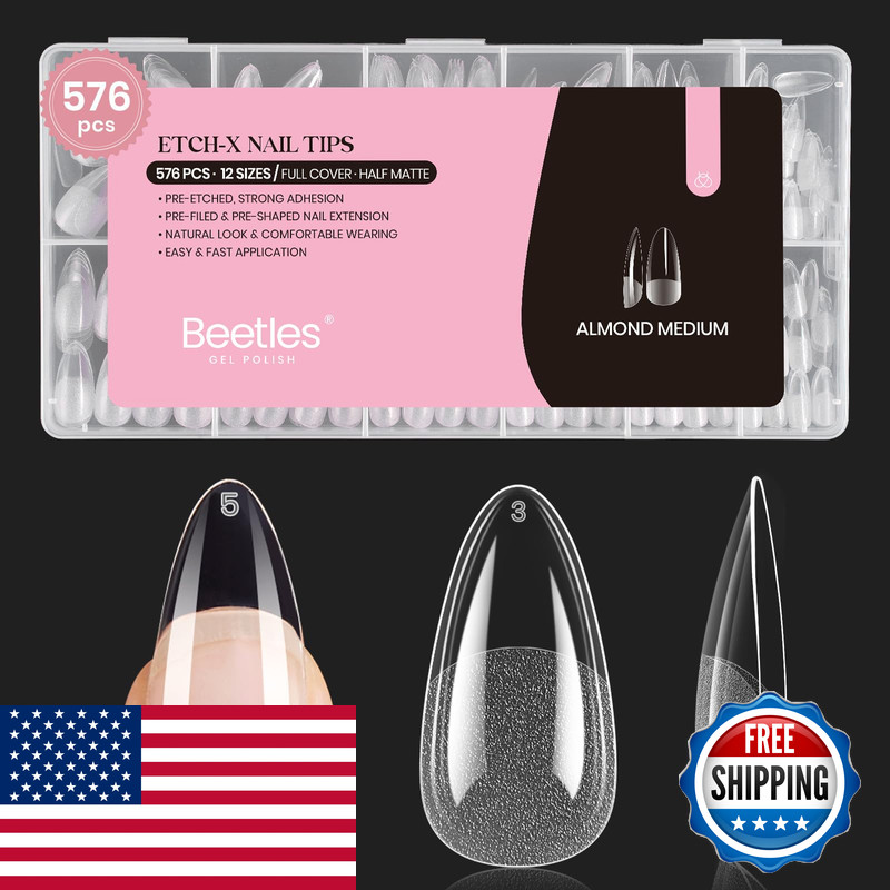 Beetles Gel Polish Beetles Medium Almond Nail Tips 576Pcs 12 Sizes Pre-Etched