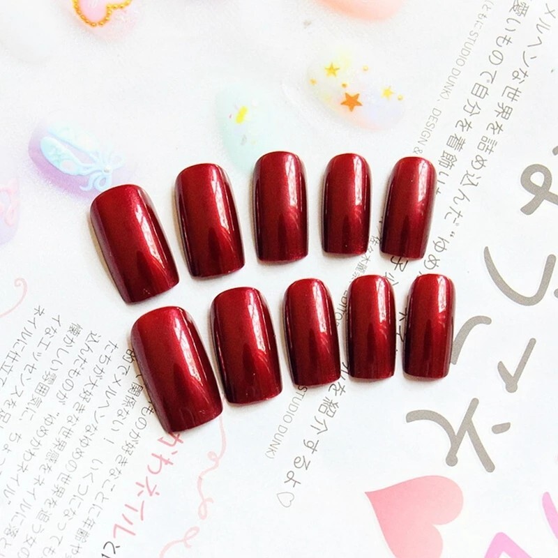 24 maroon Medium Square Press on nails glue on kit wine burgundy satin