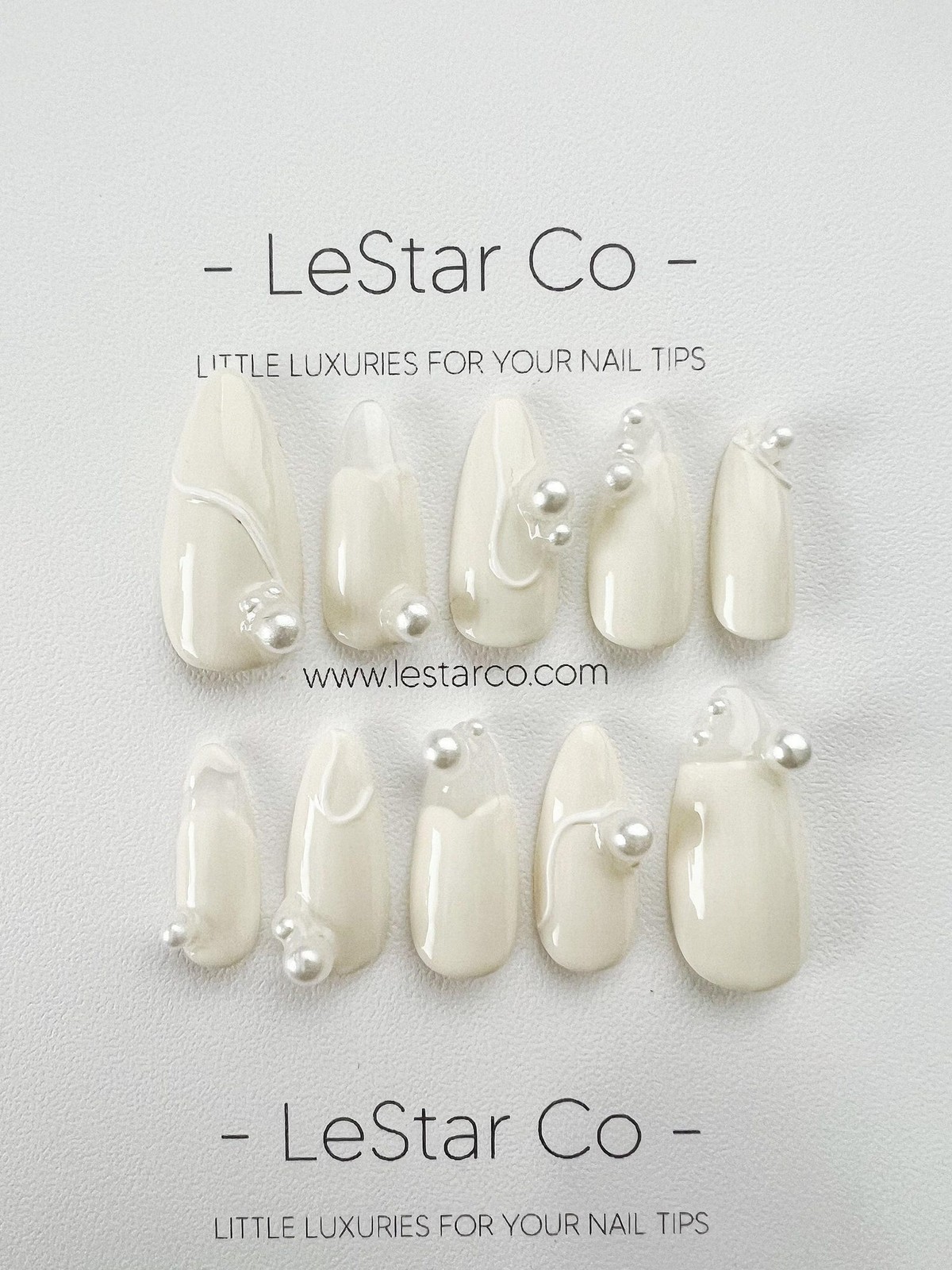 Handmade Cream White 3D Curve Line Pearl Long Almond Press on Nails Set