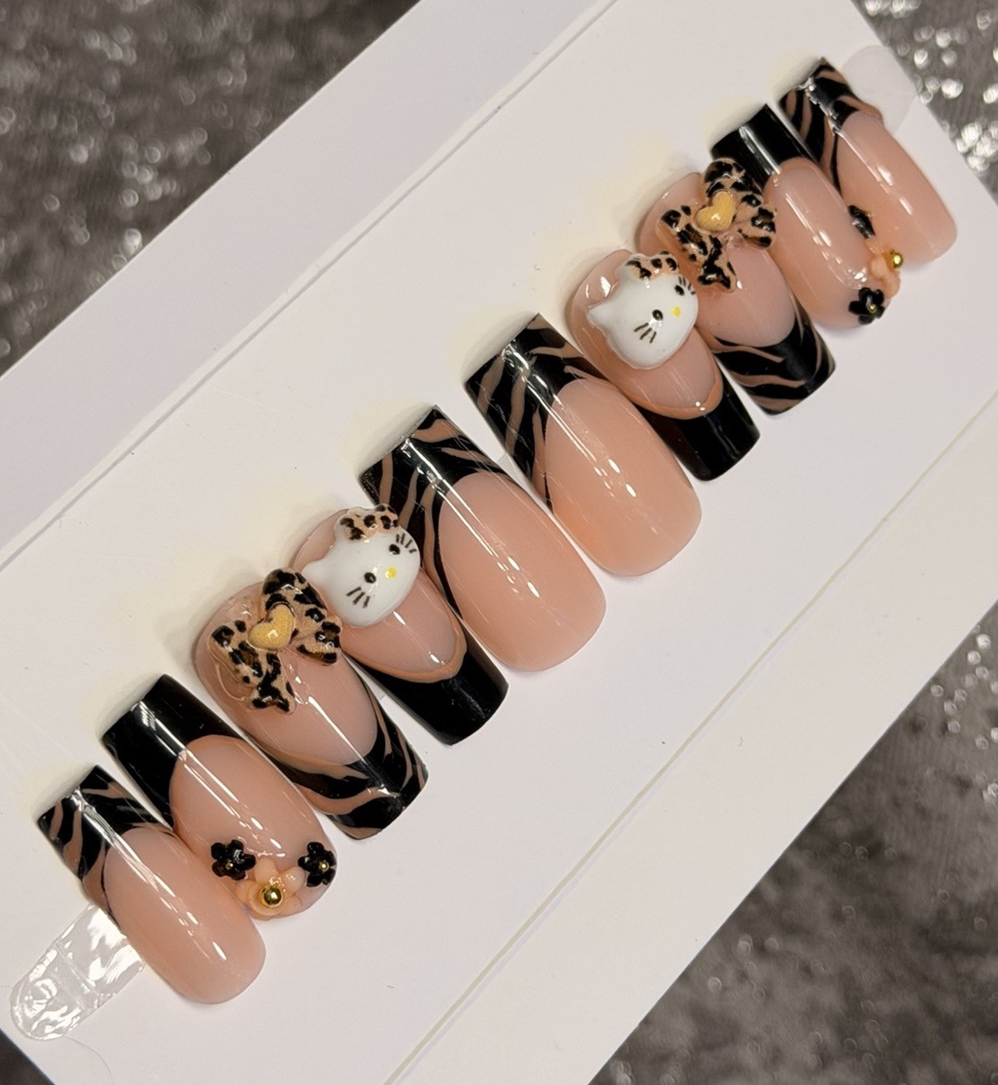 ✨ CUSTOM Press On Nails FRENCH BLACK HELLO KITTY BLING Flower 10p SET W Kit