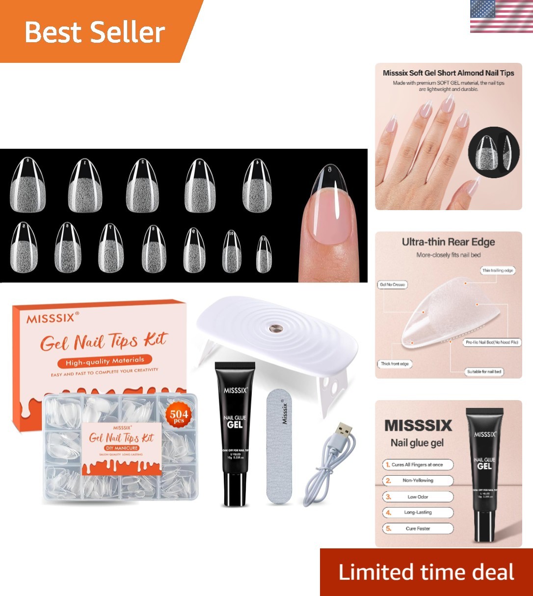 Short Almond Nail Tips Kit 504pc Clear Full-Cover 9in1 Gel Glue Portable UV Lamp