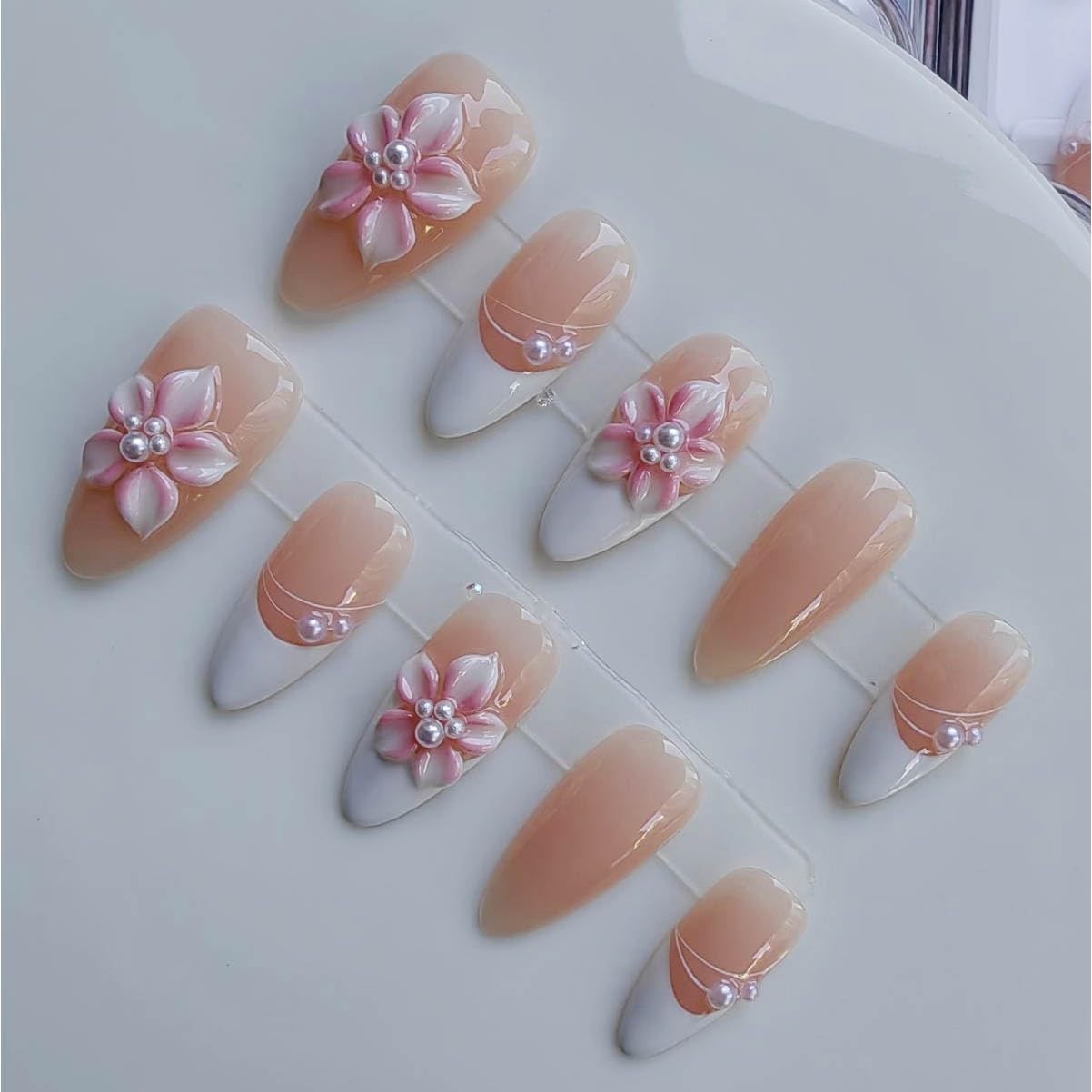 Medium Almond Press-On Nails, Handmade French Tip with Flower & Pearl Design, Ch