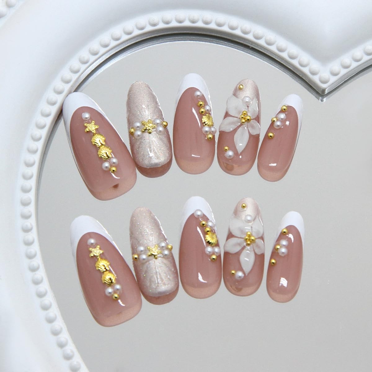 3D Flower French Press on Nails Almond Medium Summer Fake Nails with Gold Sta…