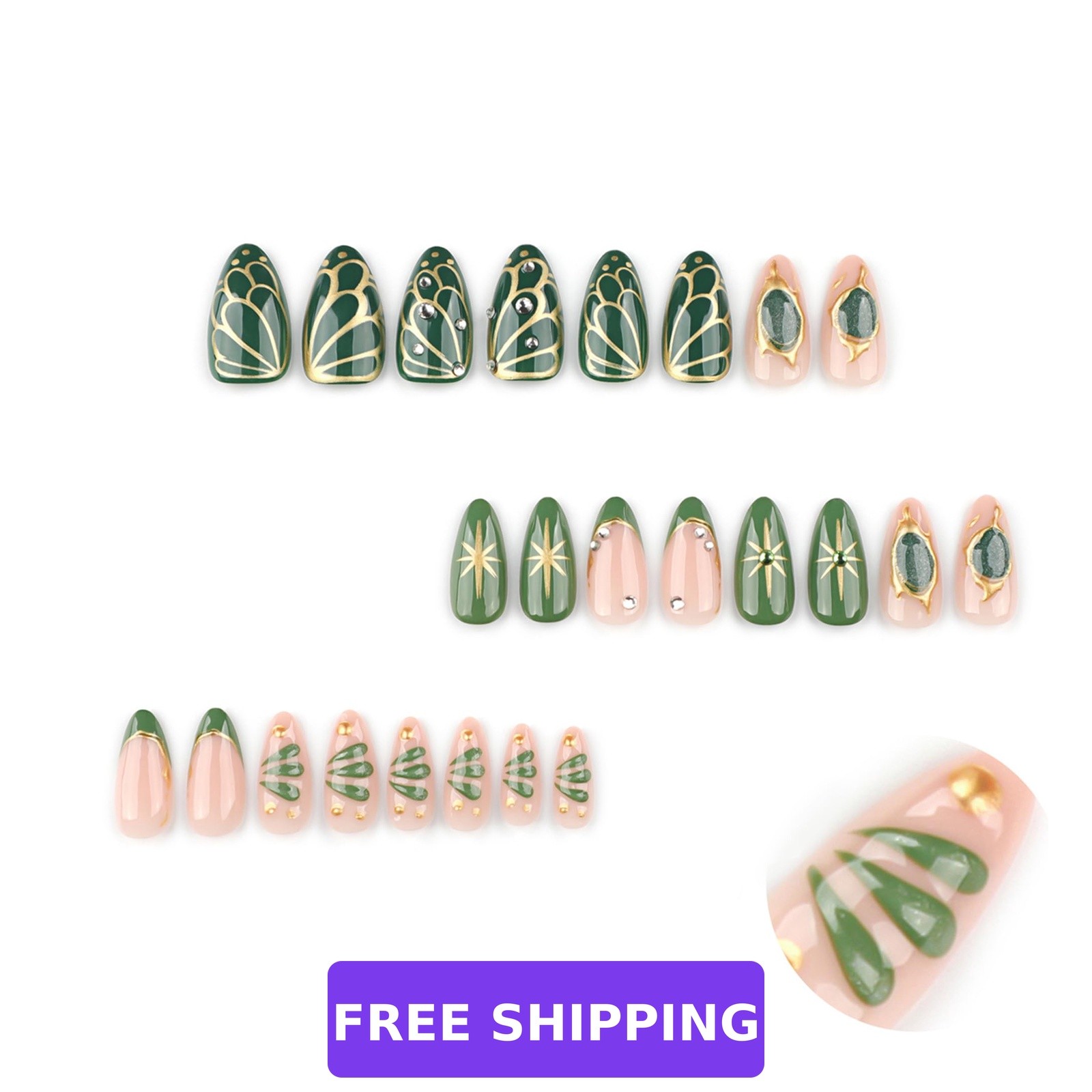 HPYFOI Short Almond Green Gold Press On Nails