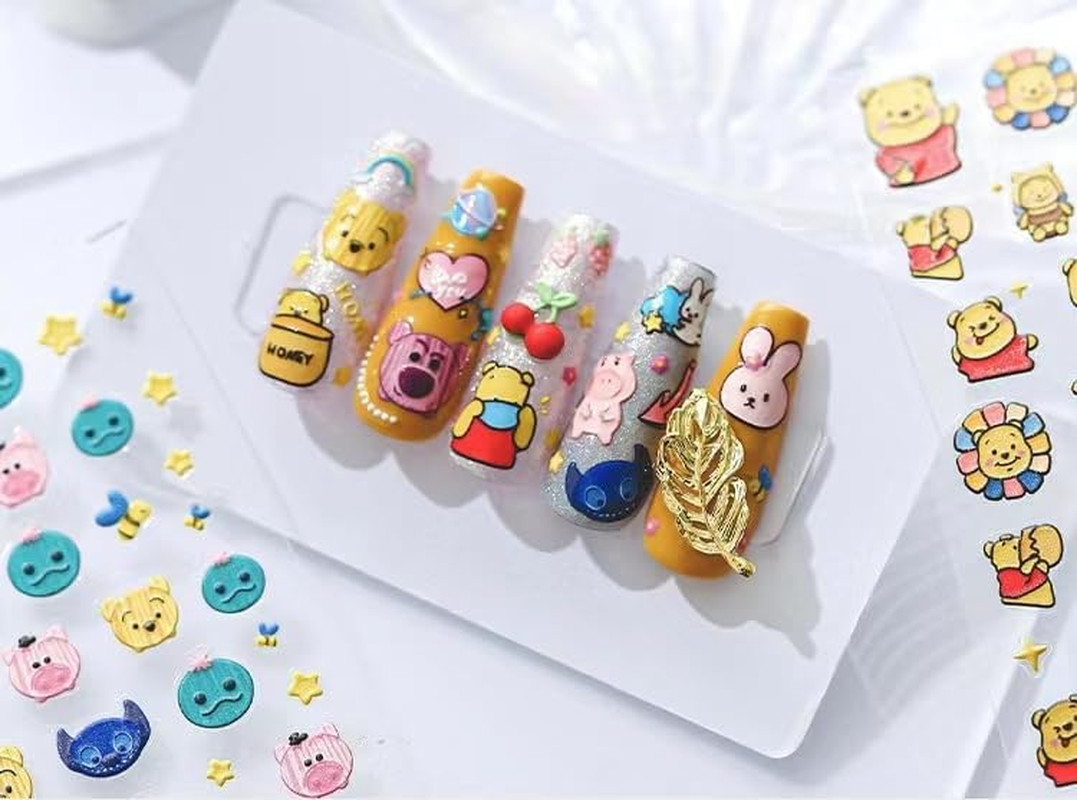 Cute Nail Stickers 5D Embossed Cartoon Bear Nail Stickers Kawaii Animal Self-Adh
