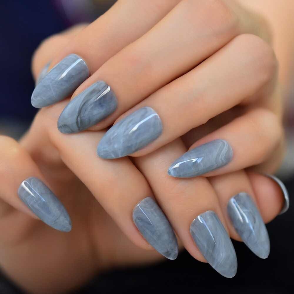 Gray Marble Medium Stiletto Press On Nails – Glue On False Set – 24 pcs Kit