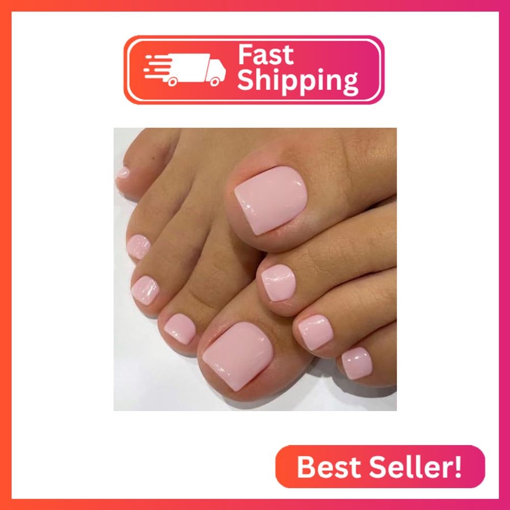 24 Pcs Solid Pink Press on Toenails Short Square – Summer Fake Toe Nails Press o