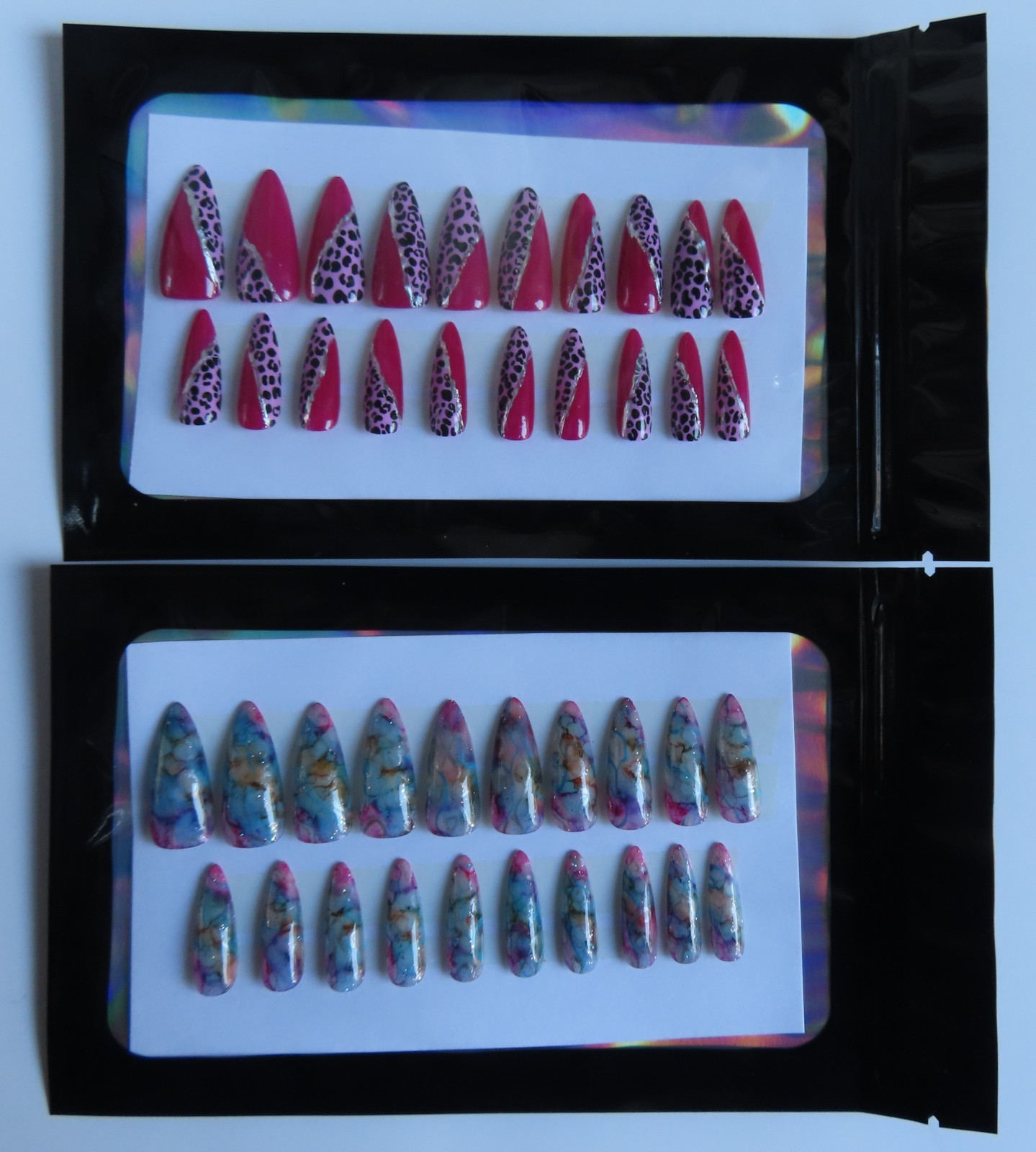 (2) Set Pink Black Silver Leopard | Multi Color Ink Marble Almond Press-On Nails