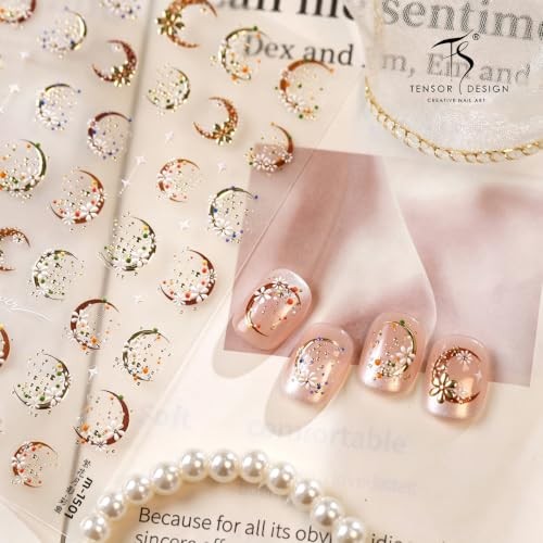 5D Embossed Gold Moon Daisy Nail Stickers for Women Pearl Star Nail Style-36