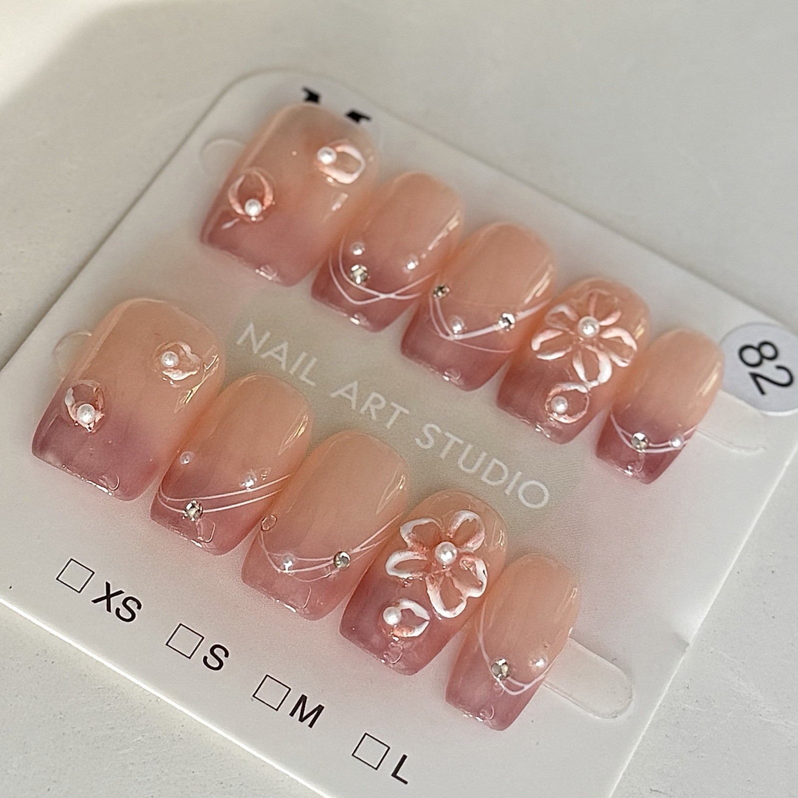 Handmade Pink Nude French Tip 3D Flower Press-On Nails Reusable False Nail