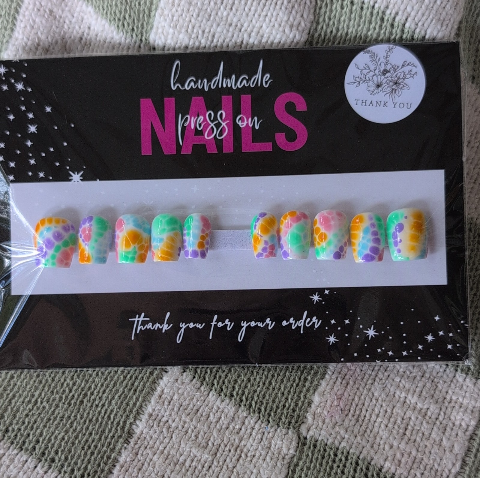 Handmade Press-On Nails Short Square Multicolor Abstract Glossy Sized Medium
