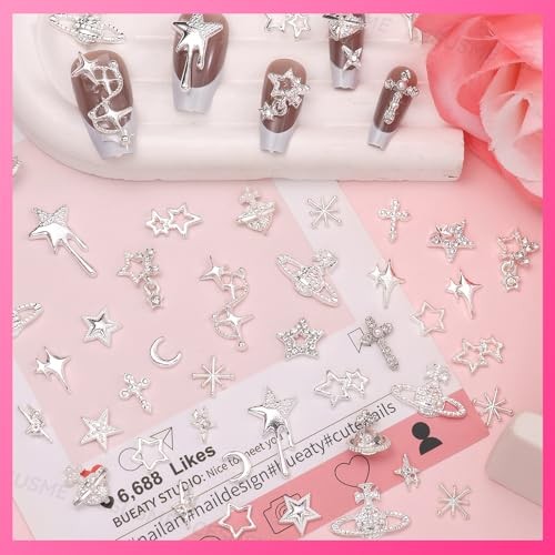 130 Pcs 3D Silver Star Cross Alloy Nail Charms, 21 Styles Y2K Metal S1-silver