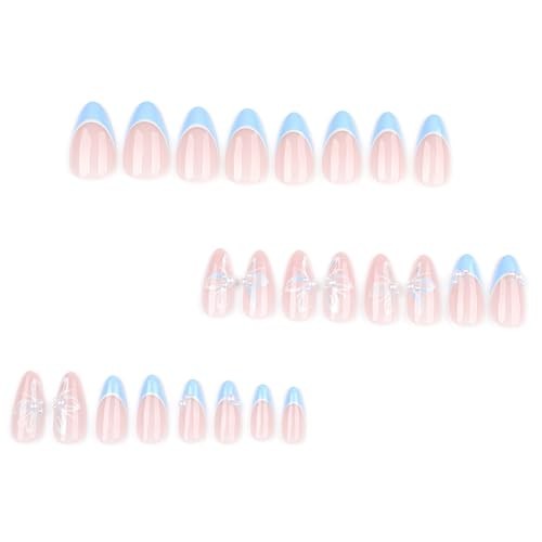 Nude Press on Nails Medium Almond Blue French Tips Fake Nails Press ons Styl 6