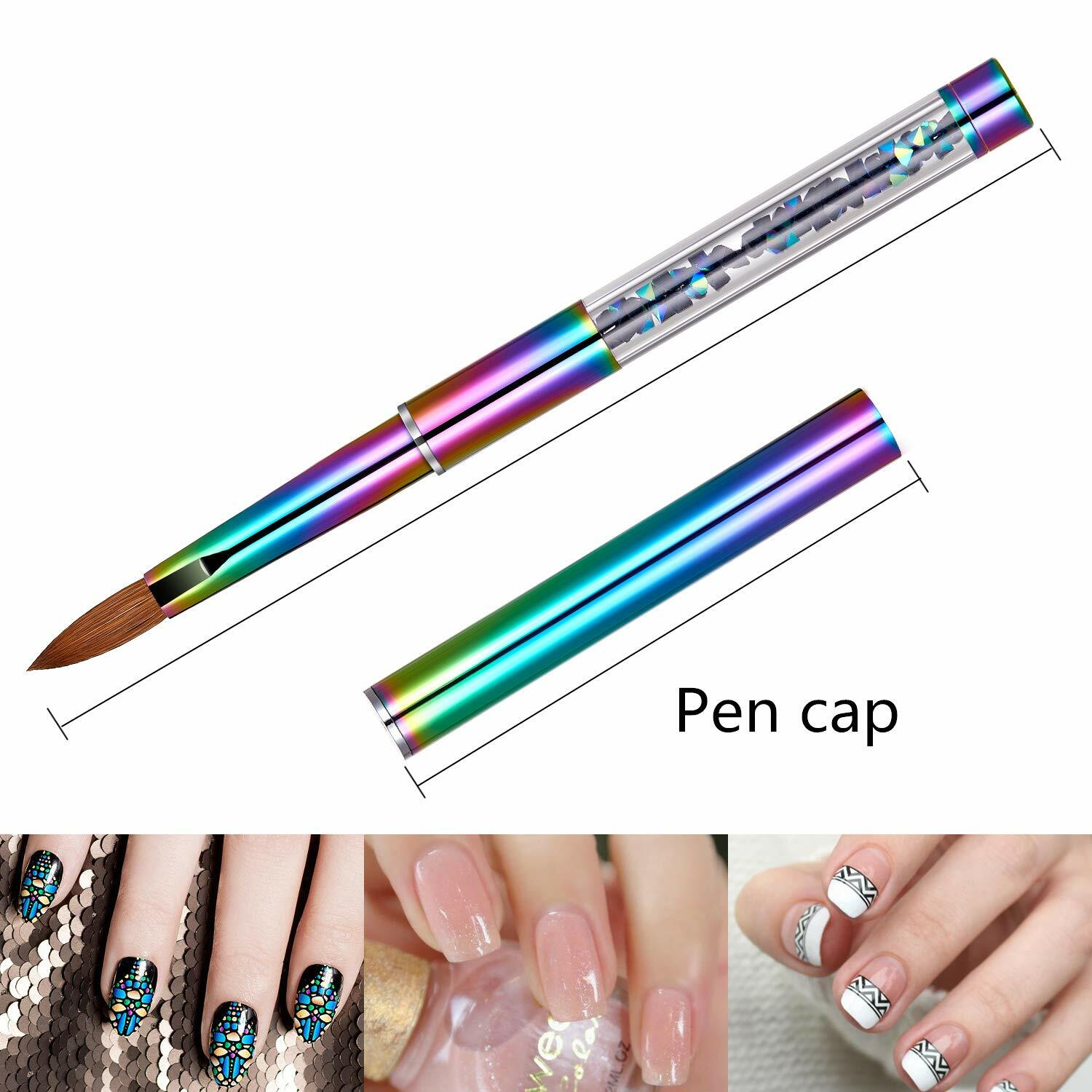 100% Kolinsky Acrylic Nail Brush With Cap Rainbow Crystal Handle 6-14 (CRIMPED)