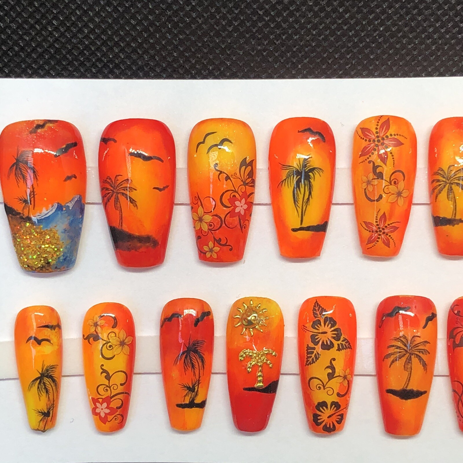 Handmade Custom Press On Nails Long Coffin Shape Summer Tropical Beach Nails