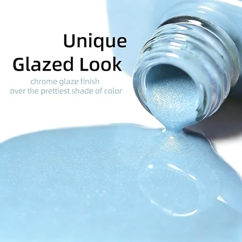 Chrome Press On Nails Short Oval – 32 Pcs Glazed Baby Blue Fake Nails