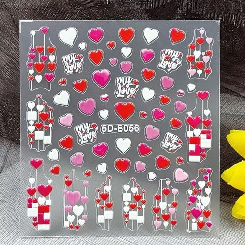 Valentine’s Day Nail Stickers for Women – 5D Heart Nail Decals, Red Pink E