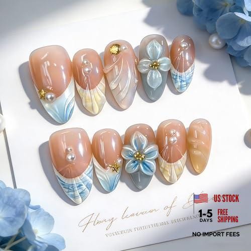 Summer Press on Nails – Short Almond Fake Nails – French Tip – Style 7