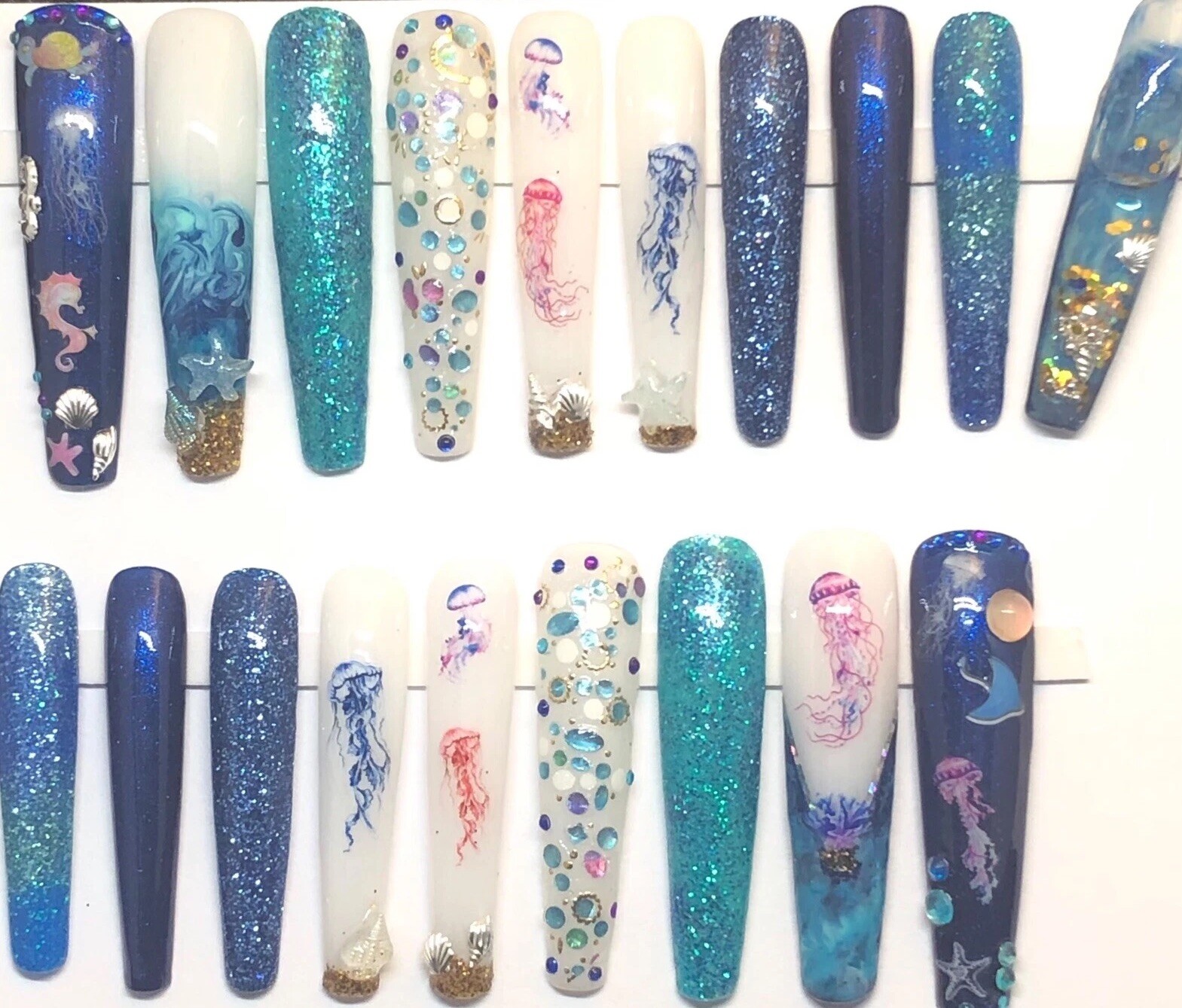 Custom Handmade Press On Nails 2X Long Coffin Blue Summer Ocean Beach Nails