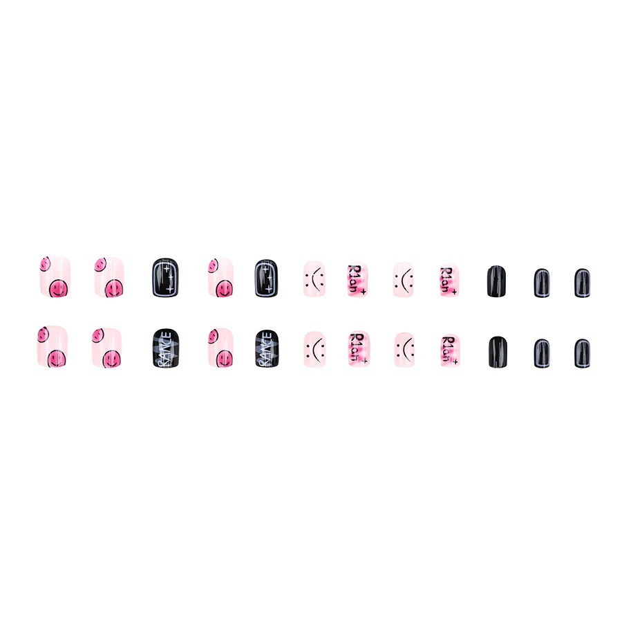 48 Pcs Letter Smiley Press on Nails, Short Square Black Nude Trendy Fake Nails