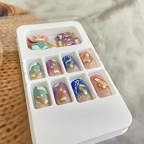 Colorful Press on Nails Square Medium Length 24Pcs Full Colorful With Gold Foil