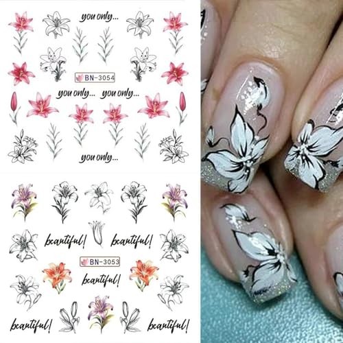 12 Sheetss Nail Stickers Water Transfer Decals Slider Art Lily Flower