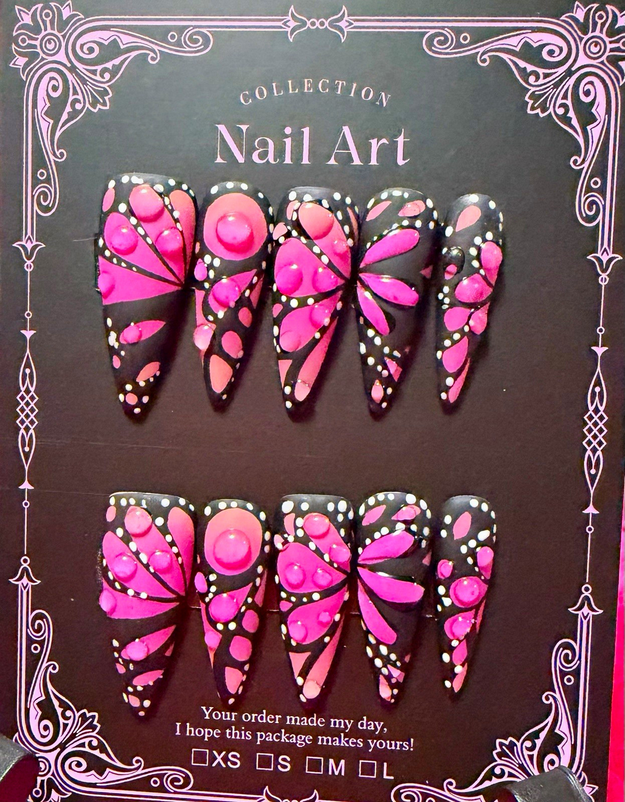 Pink/Black 3D Butterfly Stiletto Press-On Nails Set, Full Cover Pre-Designed