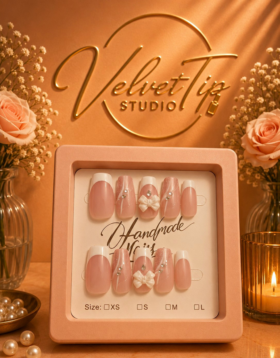 Press-On Nails Pink/White French Tip Square Bow Full Cover Size M