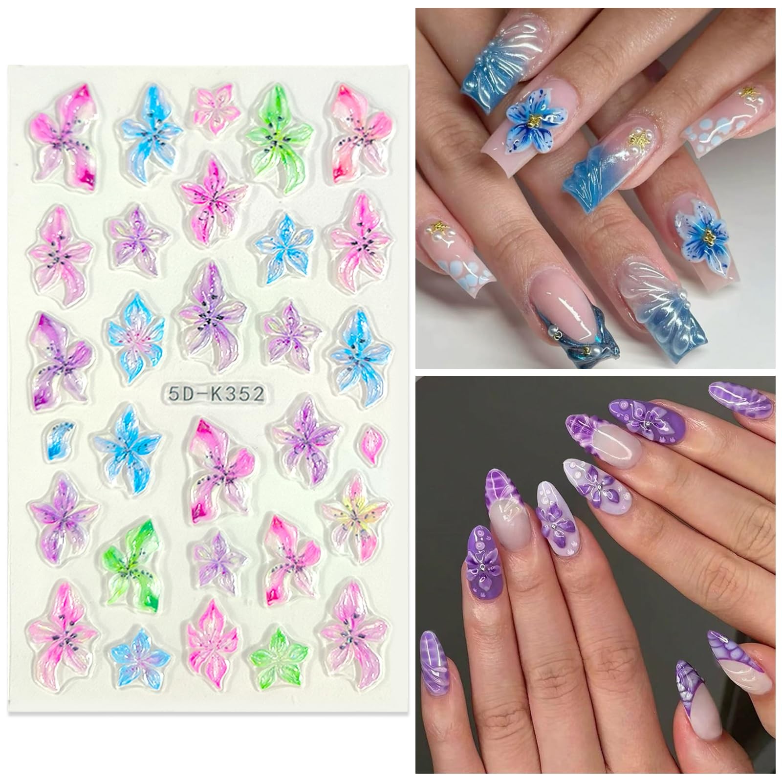 SEMATA Colorful Flower Nail Art Stickers Nail Decals for Women | 5D Embossed …