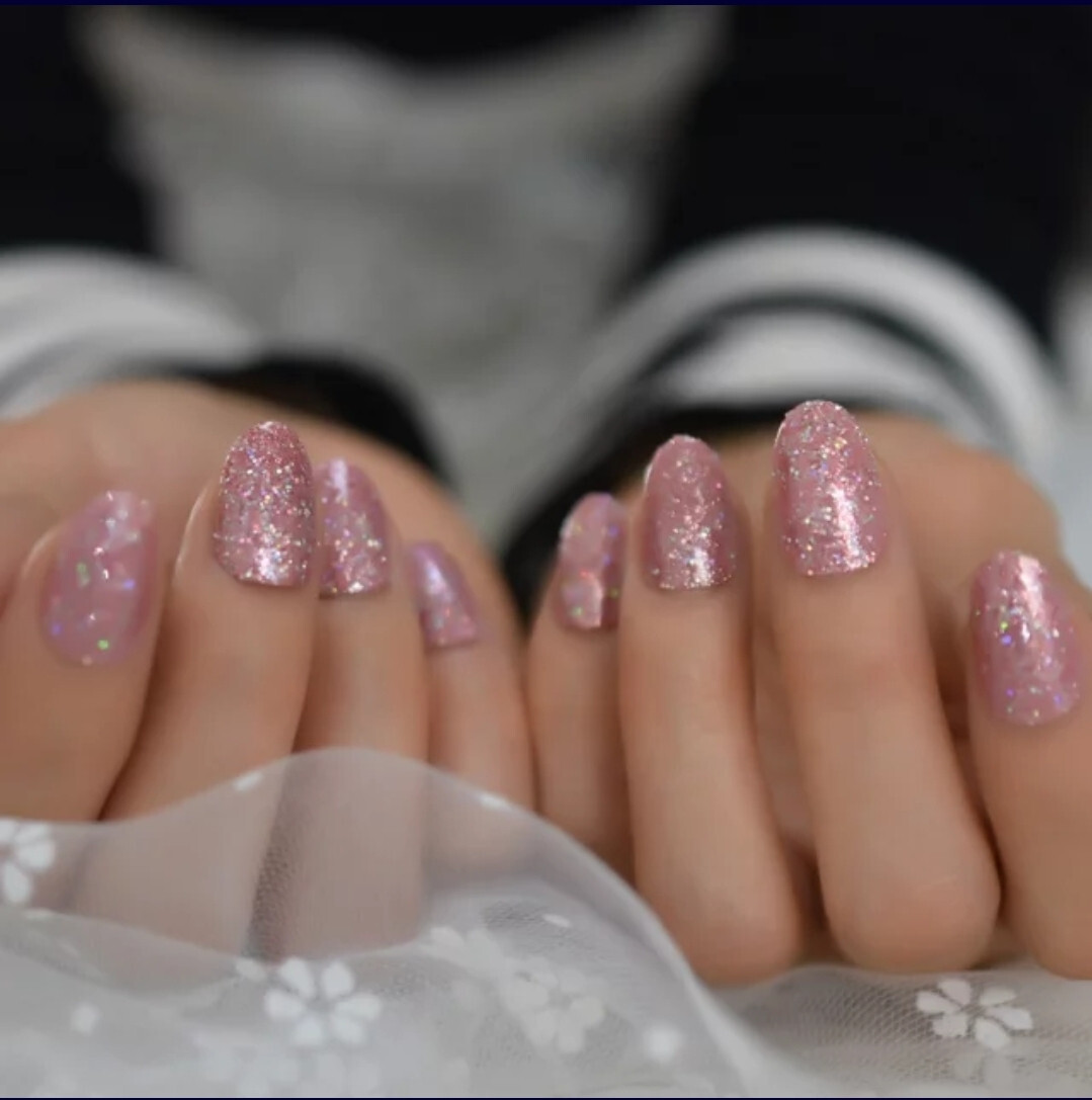 24 Short Press on nails kit w glue rose gold pink almond glitter