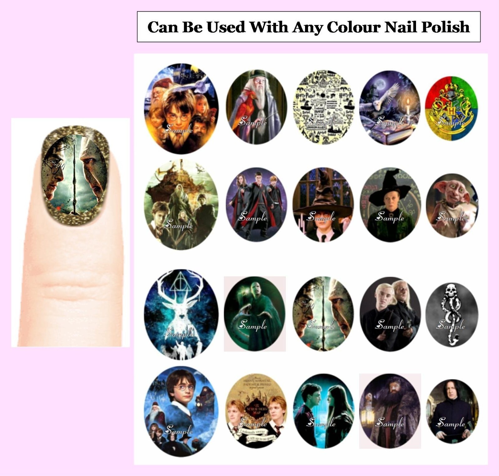 20x HARRY POTTER Nail Art Decals + Free Gems Oval Full Cover Hogwarts Crest Ron