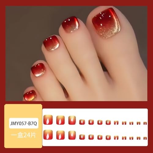 Red Ombre Cat Eye Press on Toenails Short Square Fake Toe Nails Glitter TOE-15