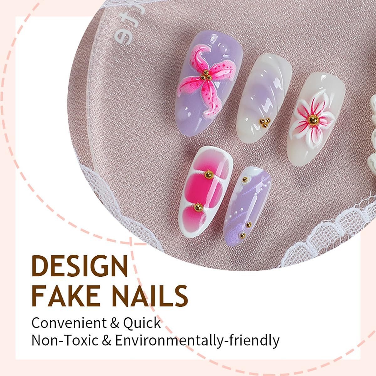 30Pcs Pink Flower Press on Nails Medium Almond Fake Nails with Gold Pearl Rhi…