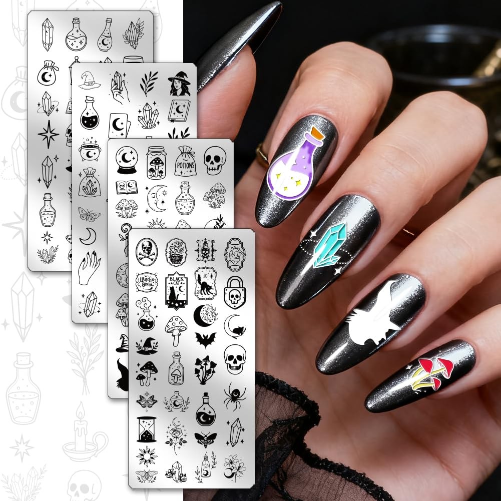 4pcs Magic Potion Nail Stamp Plate Witch Skull Nail Art Template Magic Crysta…