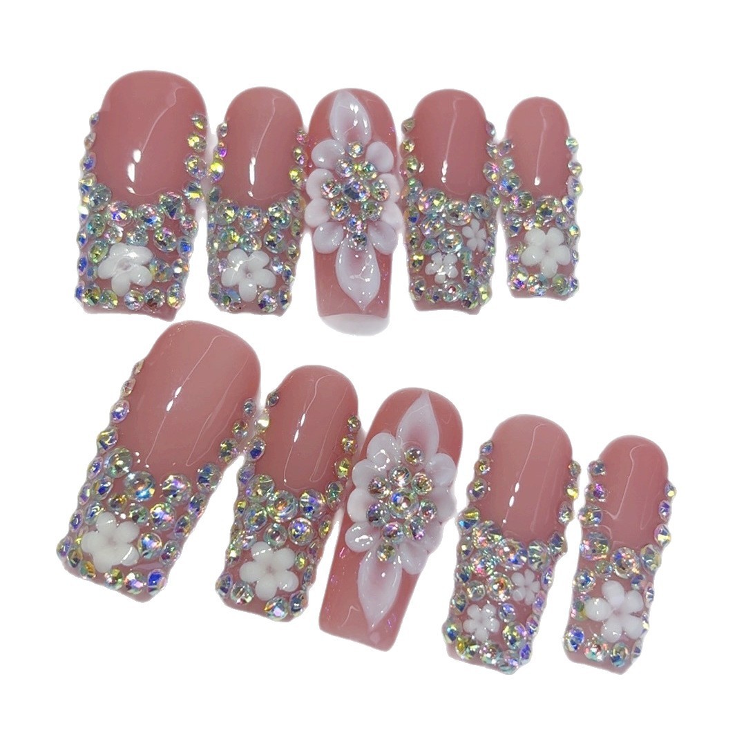 10Pcs Handmade Rhinestone 3D Carved Press On Nails Party Daily Nails