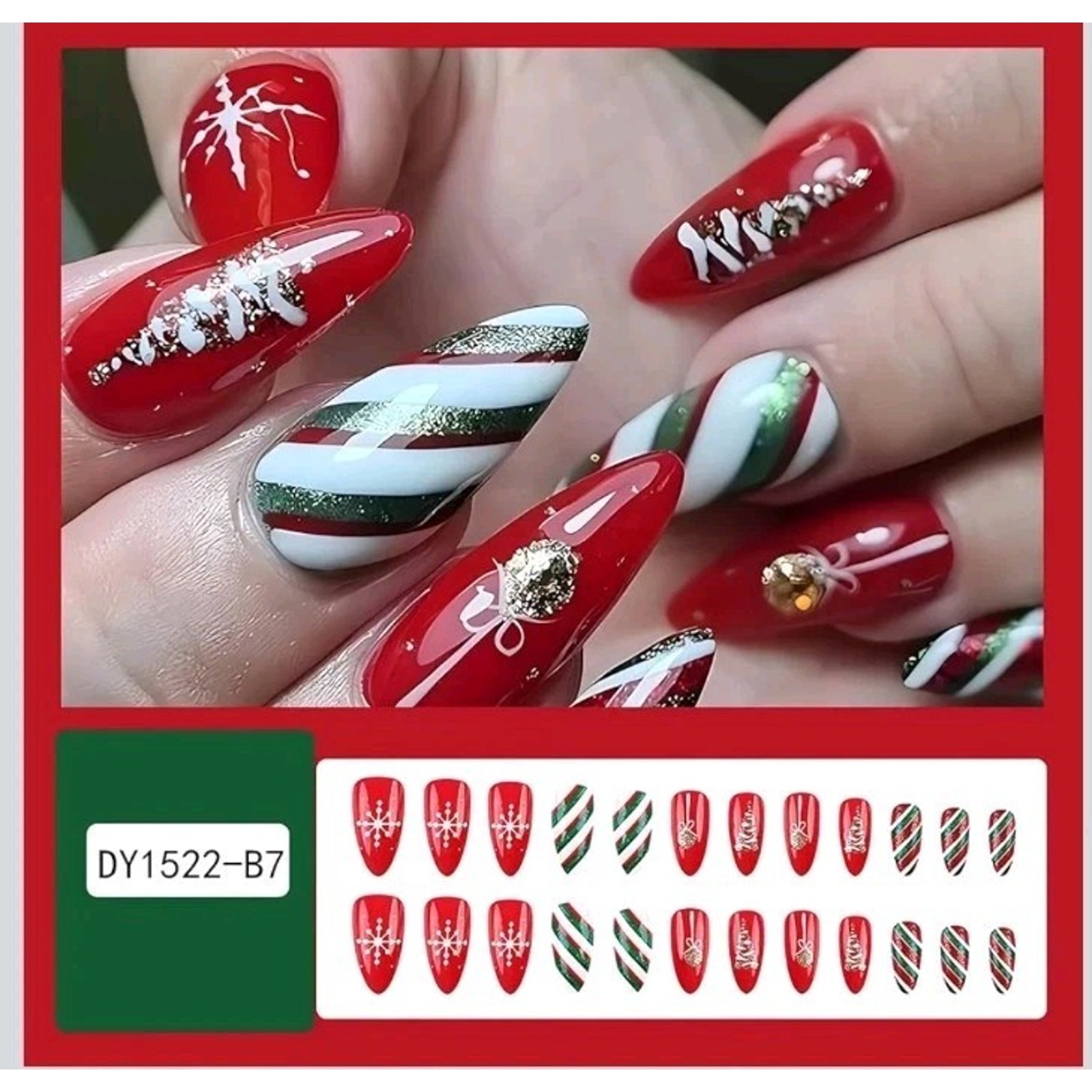 SINSEN Christmas Press on Nails Medium – Almond Christmas Fake Nails, Red Green