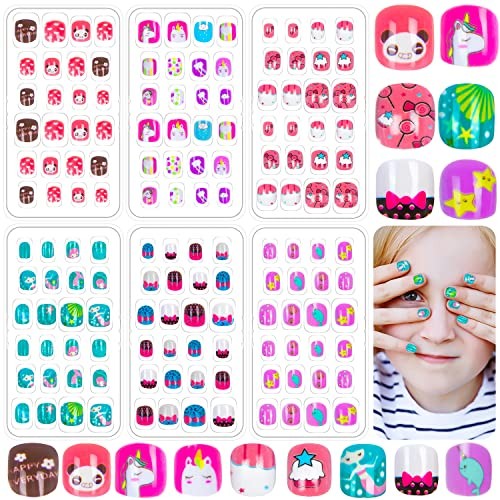 144 Pieces Fake Nails for Kids Girls Artificial Kids Press on Nails Cute Animal