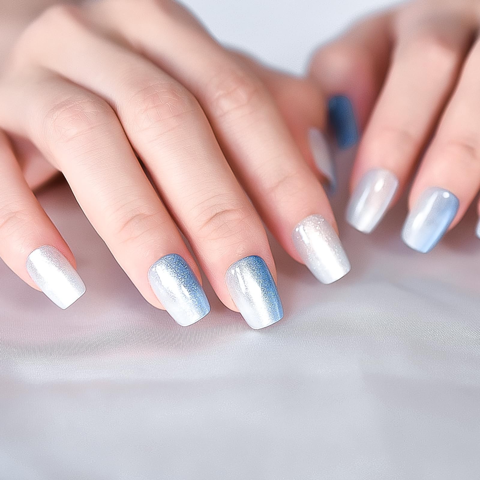 30pcs Glossy Ombre Blue Press On Nails Cat Eye Salon Manicure Medium Coffin S…