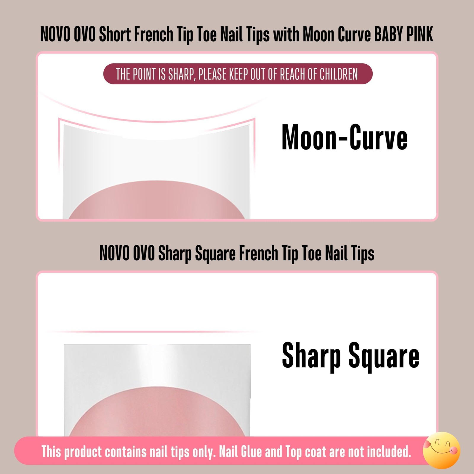 Short Toe Nail Tips White French Tip Press on with Moon Curve, BABY PINK Thic…