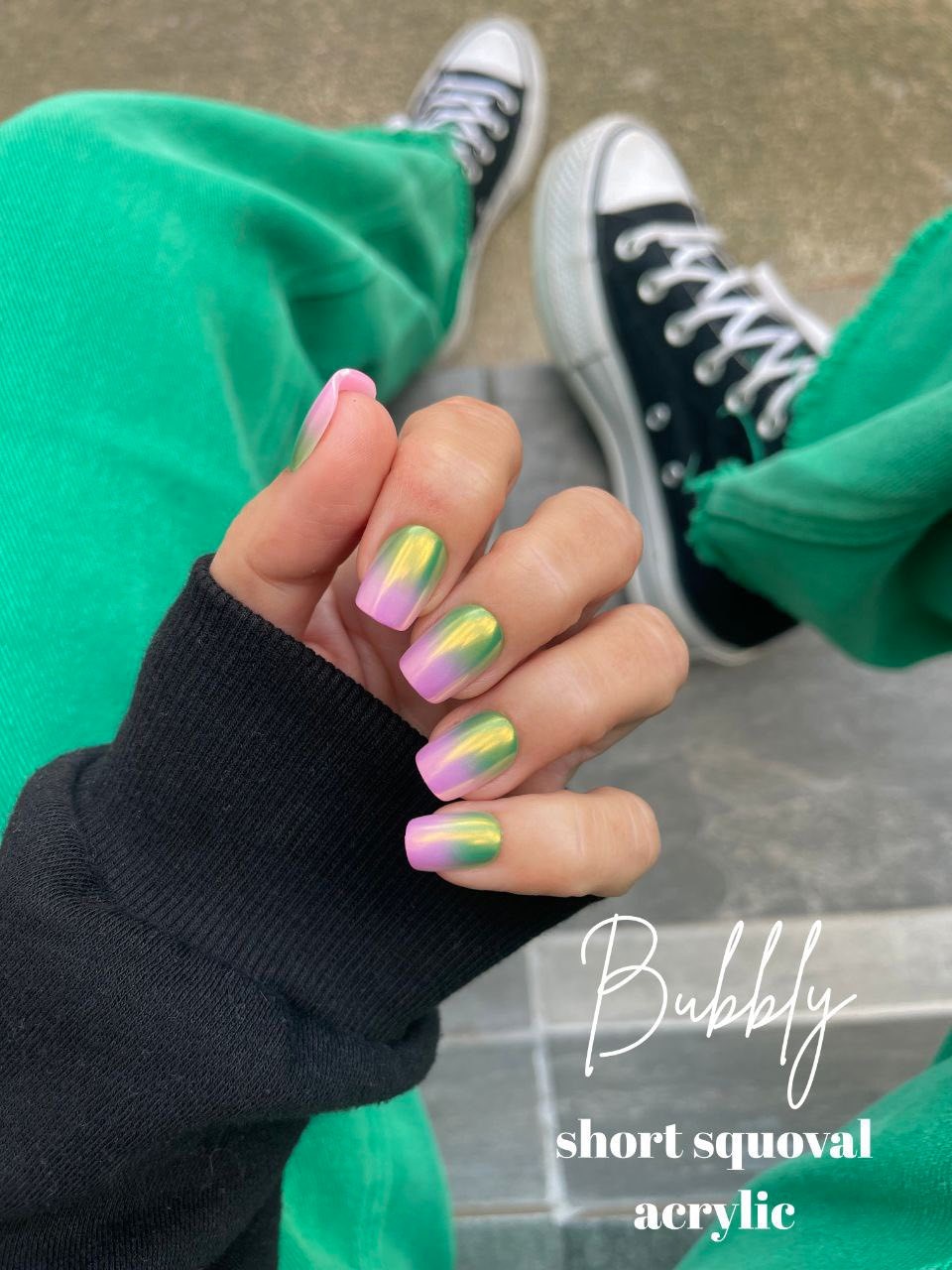 Red Aspen Press On Nails- Bubbly-ACRYLIC-Short Squoval Pink Green Ombre