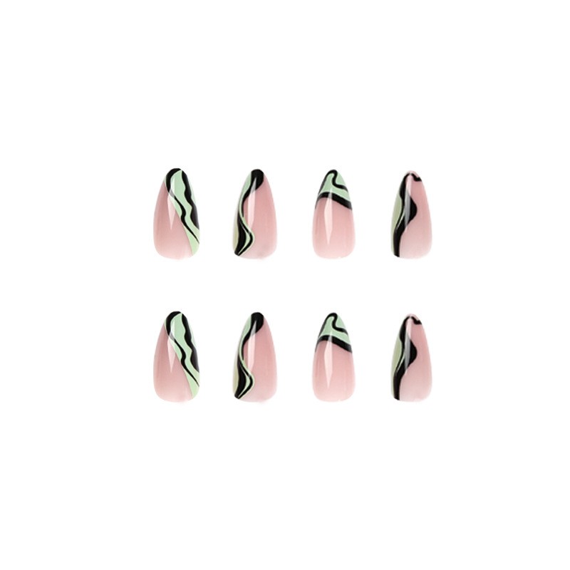 48P Short Almond Press on Nails, Nude Mint Green Black Wavy Swirl Fake Nails