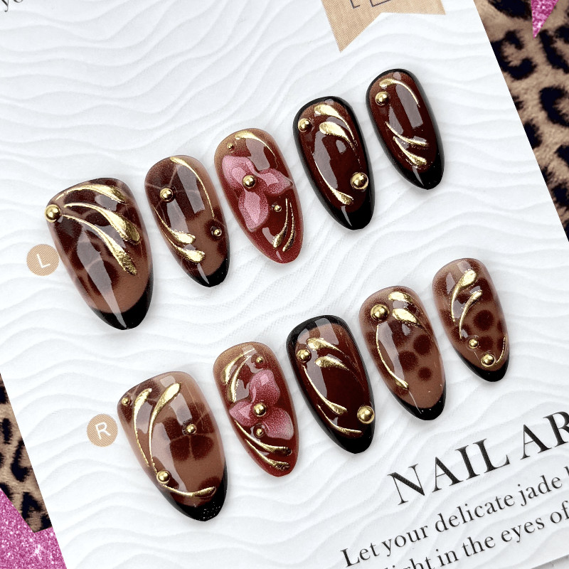 60pcs Short Oval Press on Nails,Caramel Tortoise 3D Flower Gold Line Trend Nails
