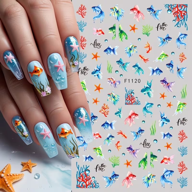 7pcs 3D Summer Ocean Jellyfish Goldfish Mermaid Nail Art Stickers – Cartoon
