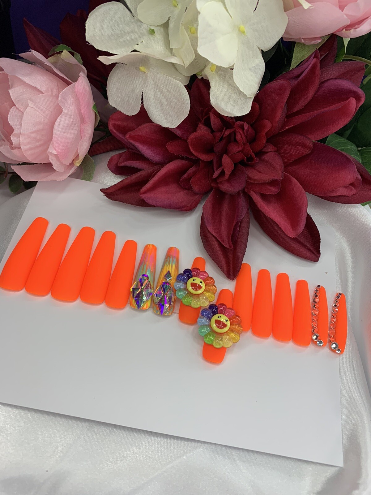 press on nails handmade| Happy Smiley| xL Coffin Set Matte Orange